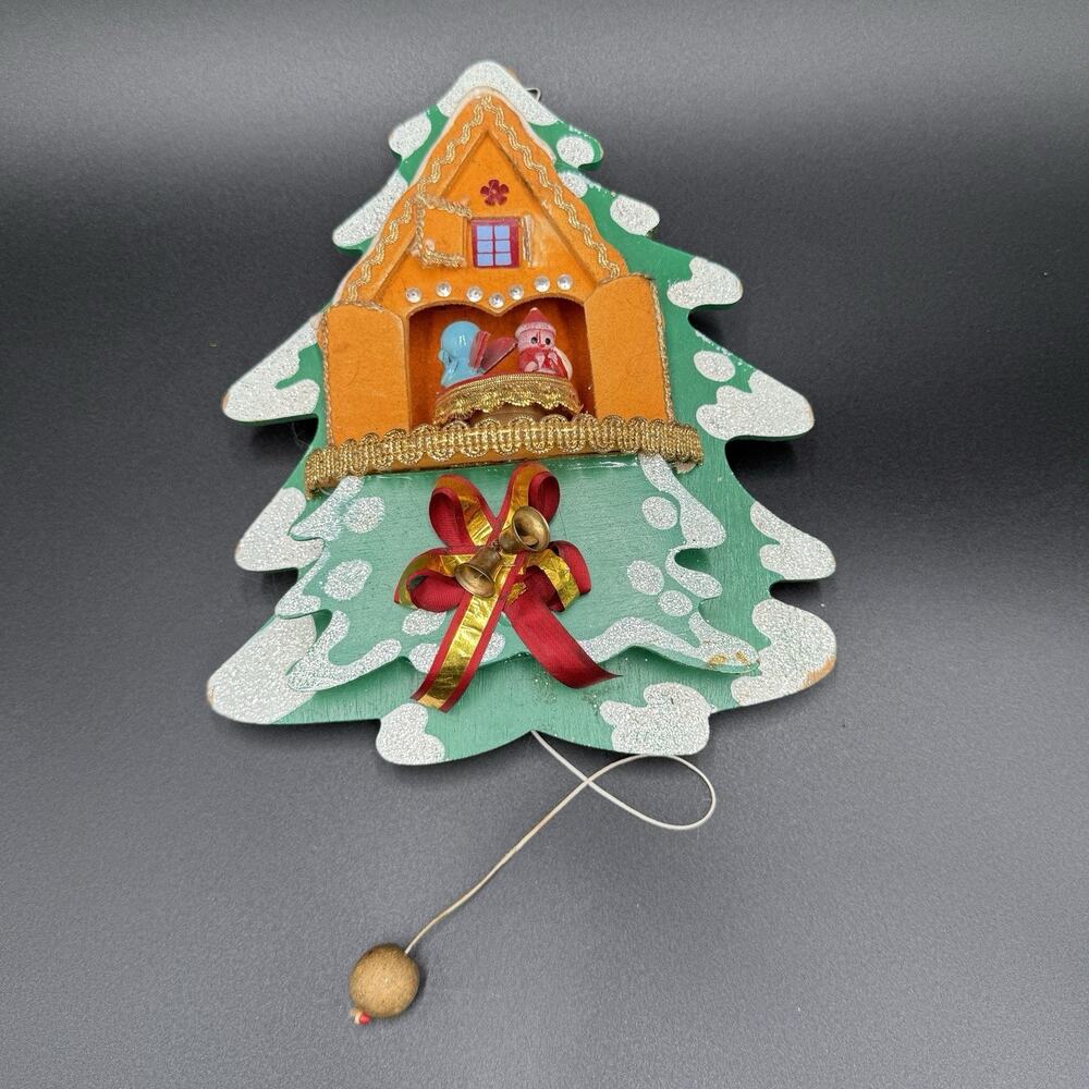 Vintage Japan Wooden Christmas Tree Pull String Animated Toy Santa For Repair